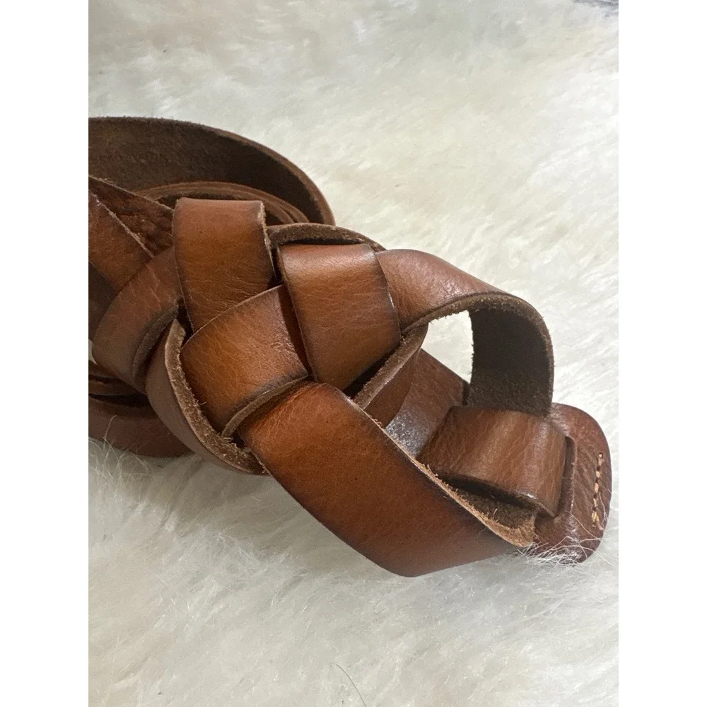 Vintage Leather Belt Womens Small Braided Knot Cognac Brown Skinny Boho Waist